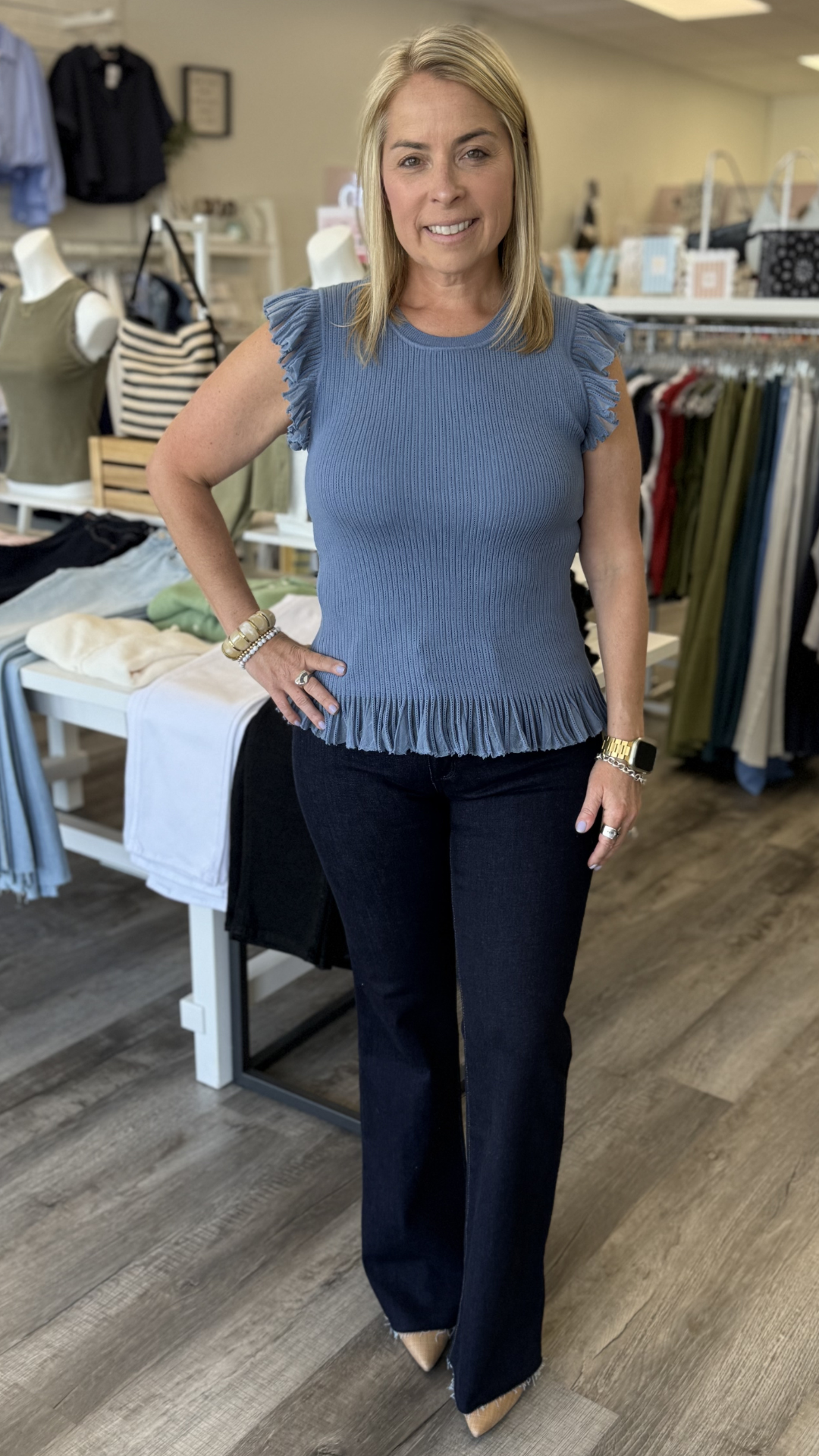 Dusty Blue Ruffle Sleeve Ribbed Tank