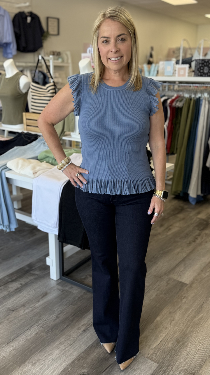 Dusty Blue Ruffle Sleeve Ribbed Tank