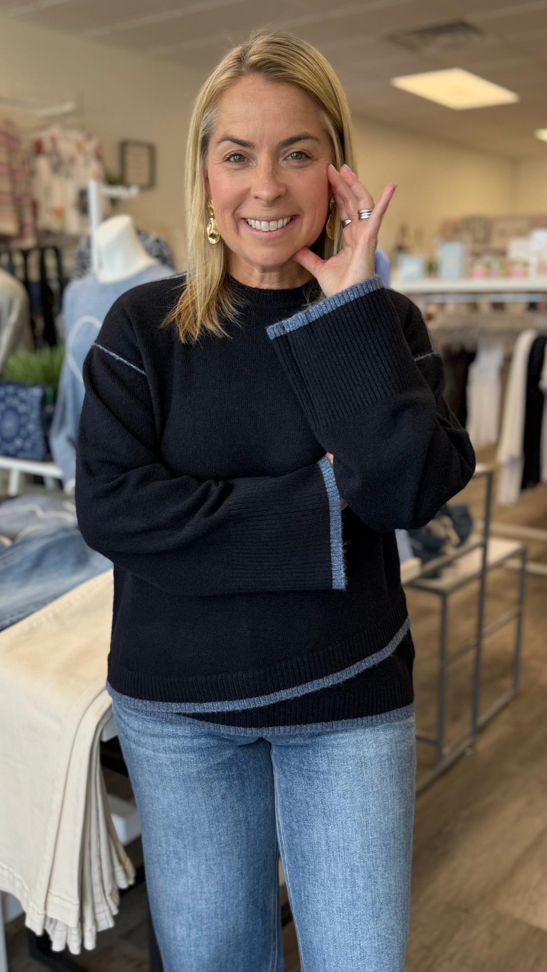 Navy Contrast Trim Crew Neck Sweater
