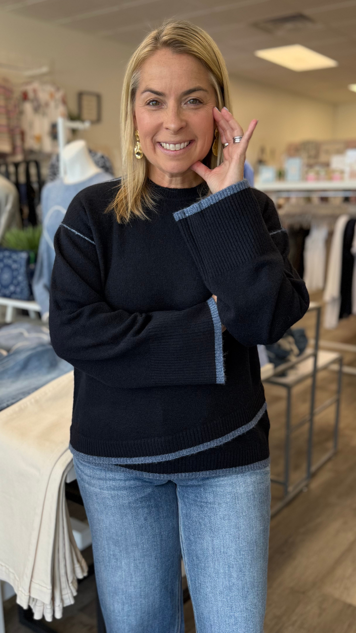 Navy Contrast Trim Crew Neck Sweater