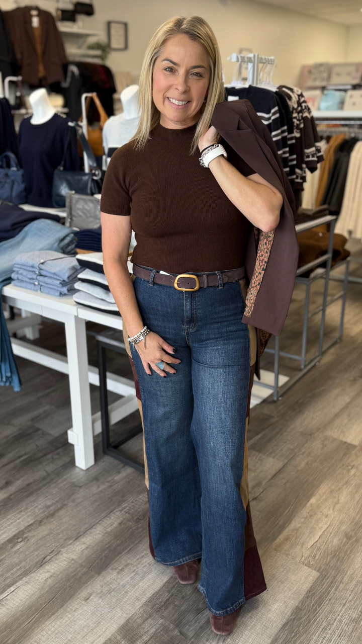 Chocolate Brown Short Sleeve Soft Knit Sweater Top