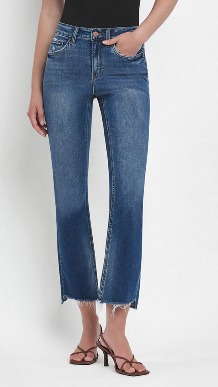 High Rise Dark Wash Raw Step Hem Crop Flare Jeans