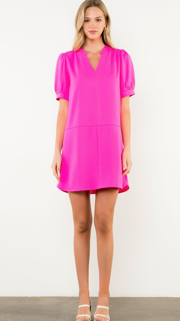 Pink Short Sleeve V Neck Dress