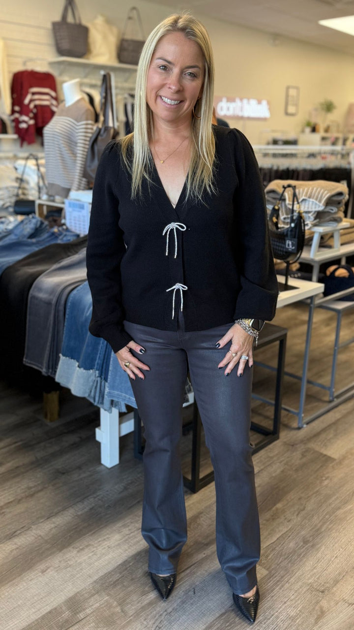 Black Ribbon Trim Puff Sleeve Cardigan