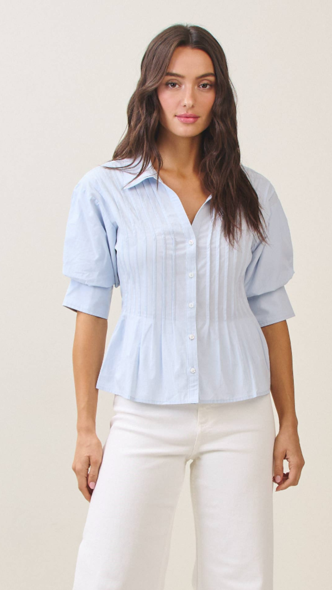 Sky Blue Short Sleeve Pintuck Top
