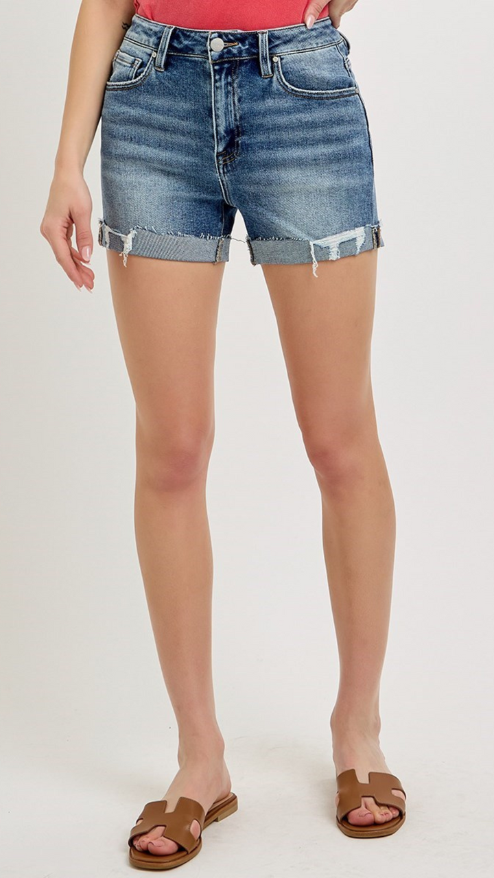 High Rise Dark Wash Ripped Hem Cuffed Shorts