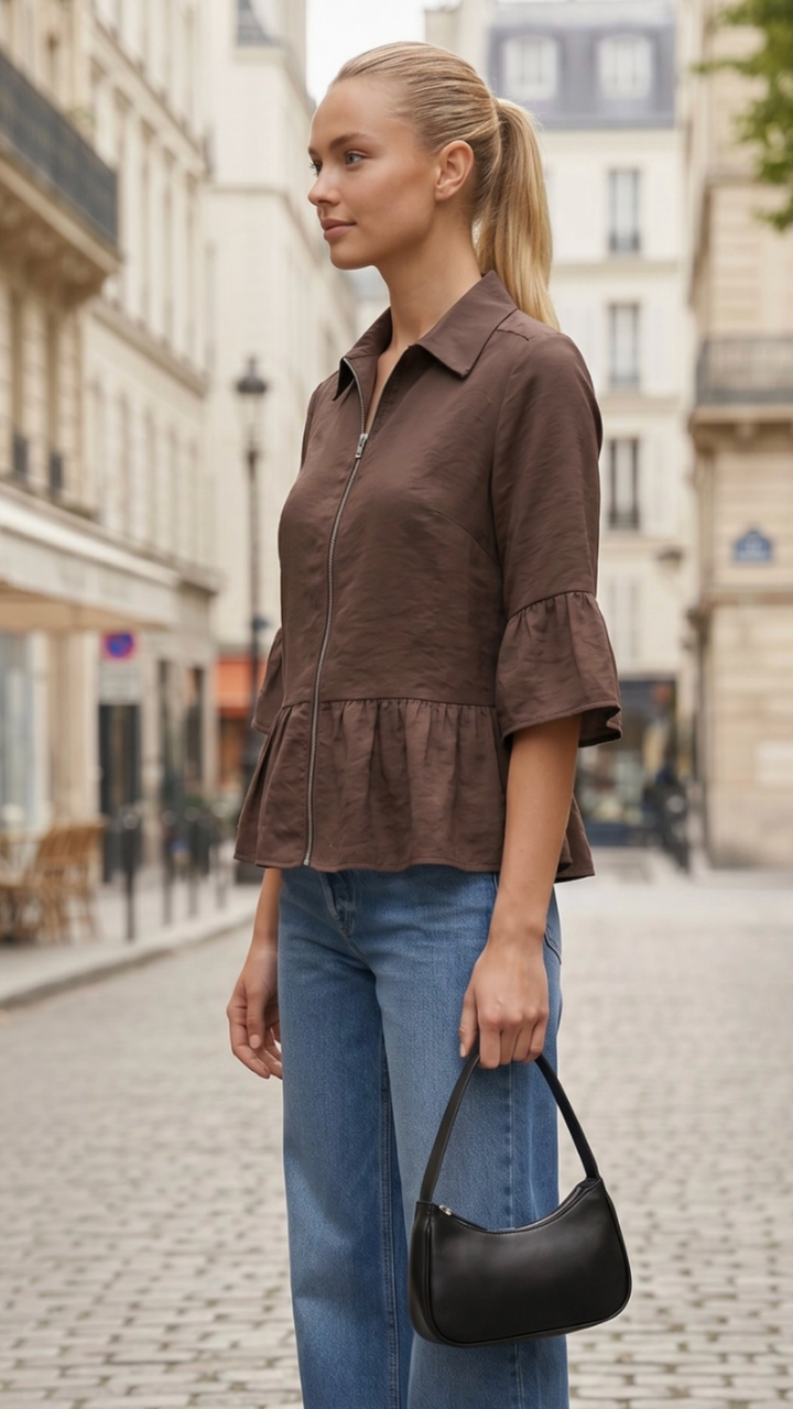 Chocolate Ruffle Zip Jacket Blouse