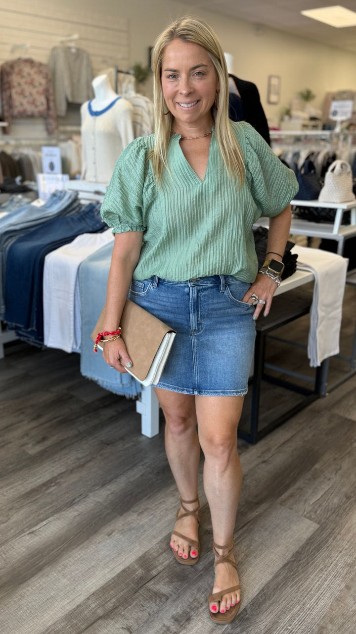 Sage Crinkled Split Neck Puff Sleeve Top