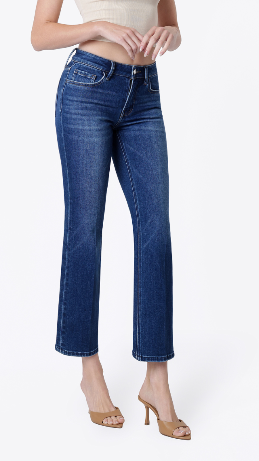 Mid Rise Dark Wash Trouser Fold Creased Straight Jeans