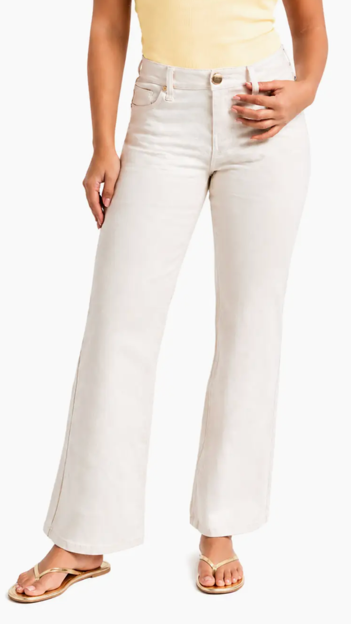 Mid Rise Ecru Slim Wide Leg Jeans