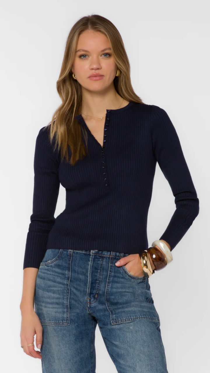 Navy Ribbed Fitted Henley Sweater