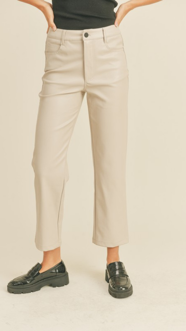 Cream Faux Leather Straight Pants