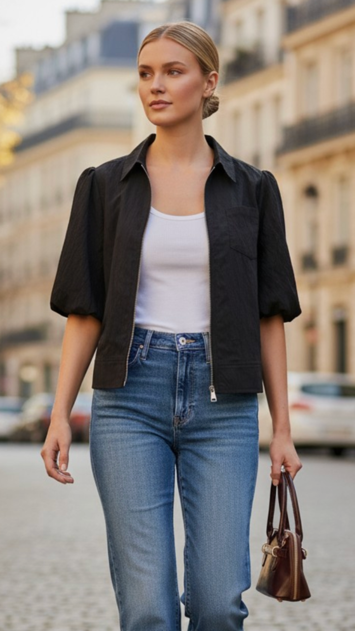 Black Bubble Sleeve Zip Jacket