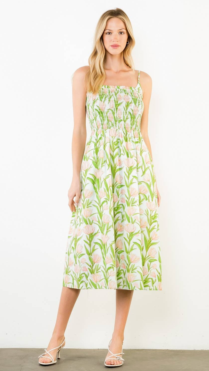 Thin Strap Floral Pattern Midi Dress