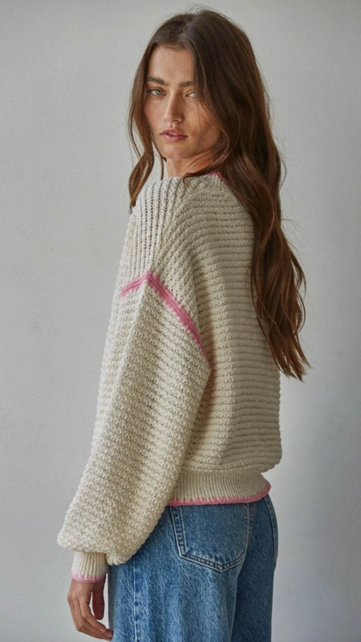 Natural Pullover With Pink Trim Sweater