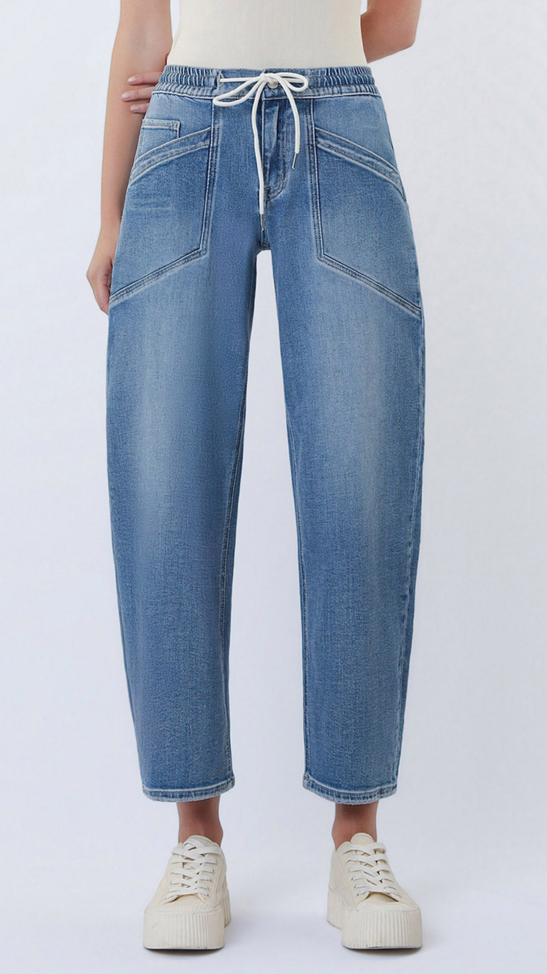 High Rise Elastic Waistband Wide Barrel Jeans