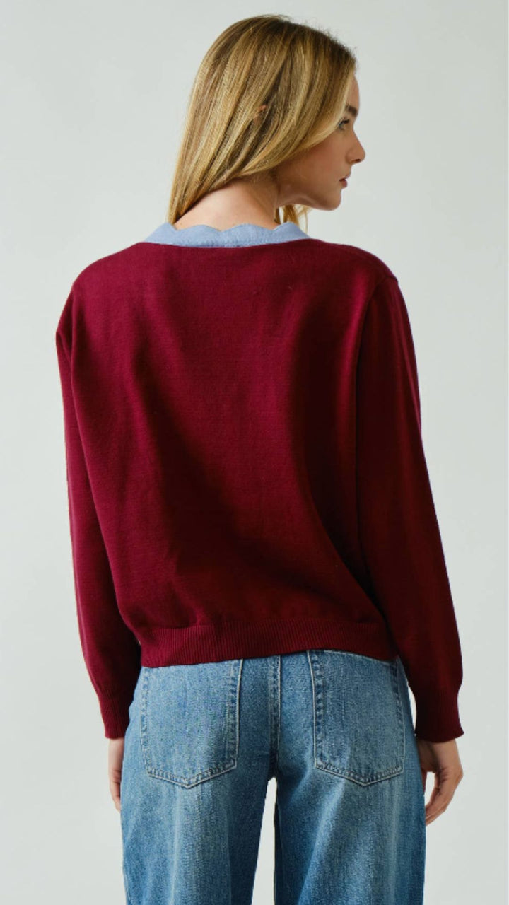Burgundy Super Soft Scallop Detail Sweater Cardigan