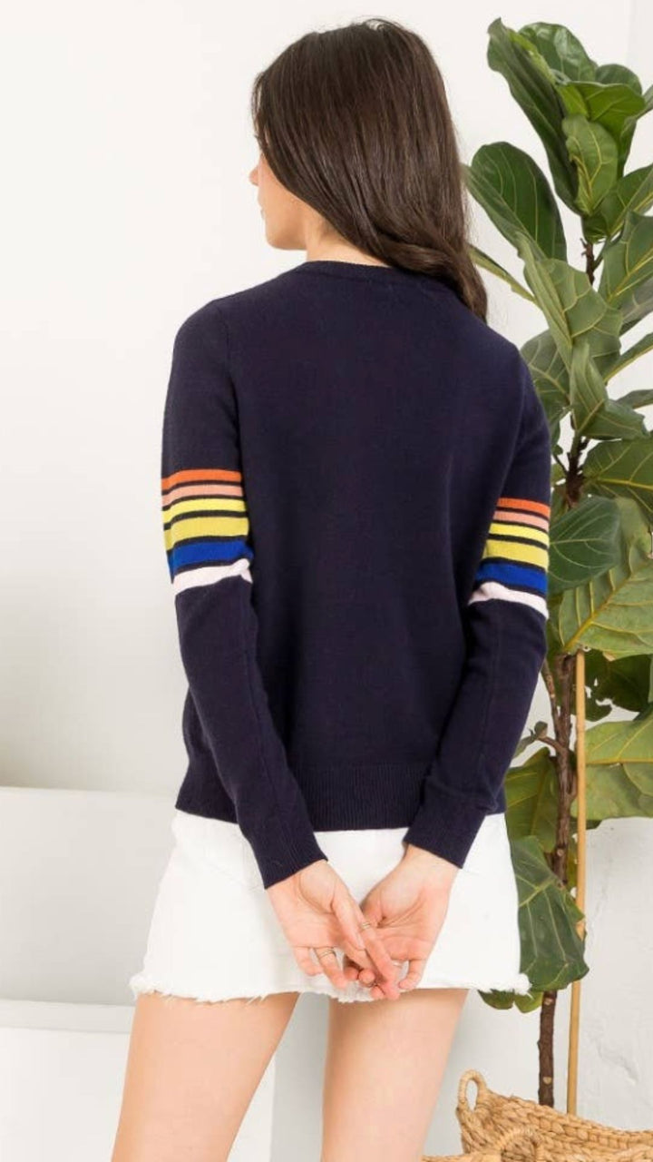Navy Stripe Sleeve Knit Sweater