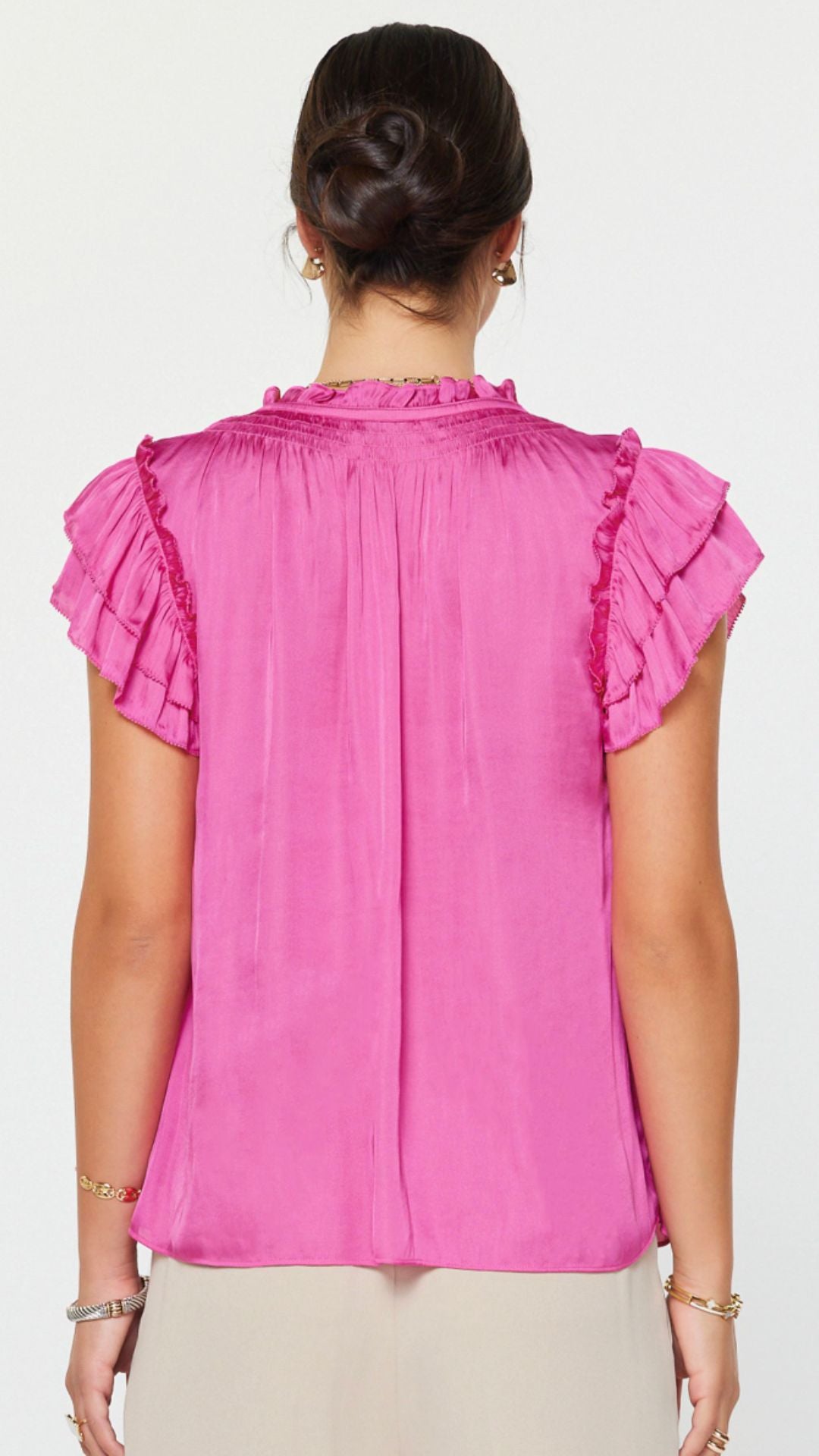 Pink Tiered Ruffle Short Sleeve Blouse