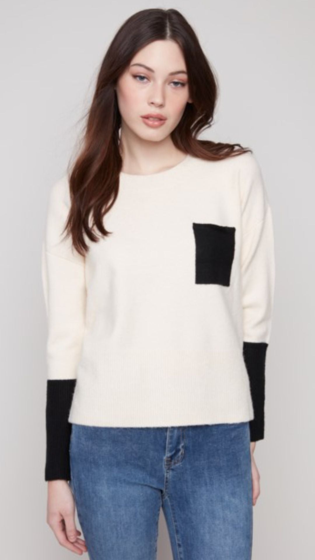 Ecru Crew Neck Sweater With Contrast Details