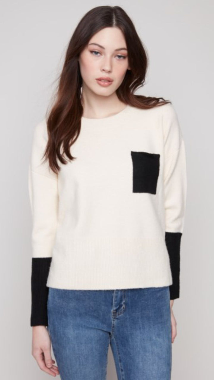 Ecru Crew Neck Sweater With Contrast Details