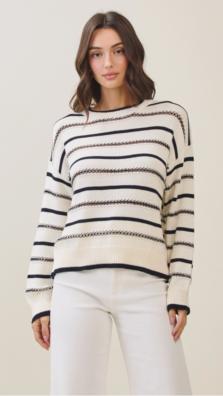 Ivory And Black Cotton Striped Knit Sweater