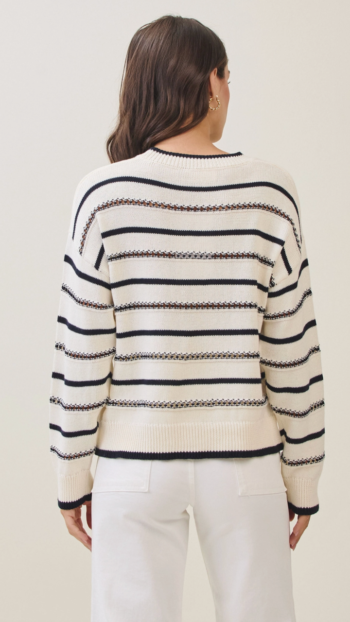 Ivory And Black Cotton Striped Knit Sweater