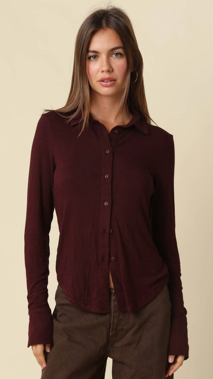 Burgundy Soft Long Sleeve Henley Knit Top
