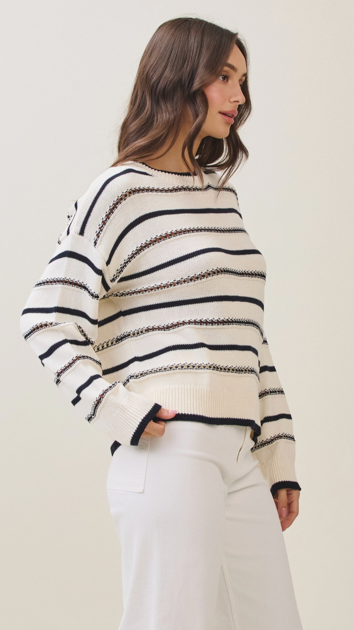 Ivory And Black Cotton Striped Knit Sweater