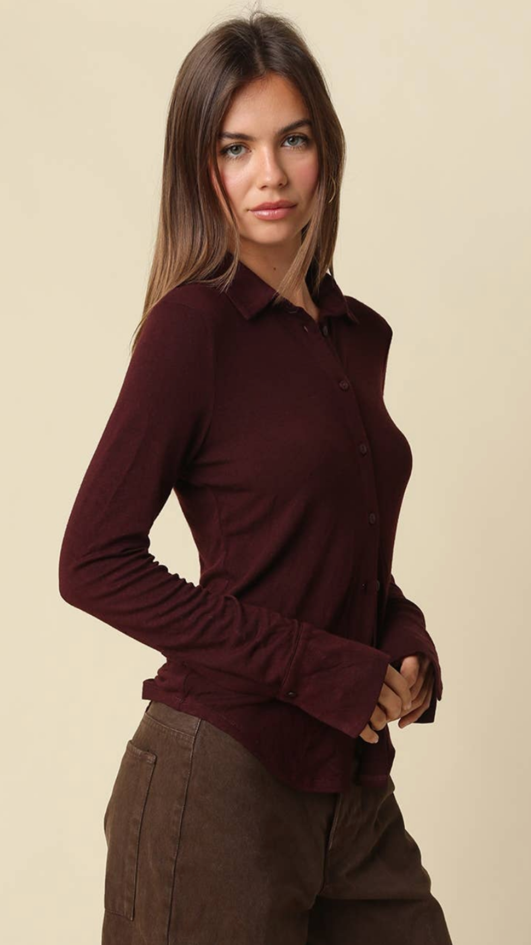 Burgundy Soft Long Sleeve Henley Knit Top
