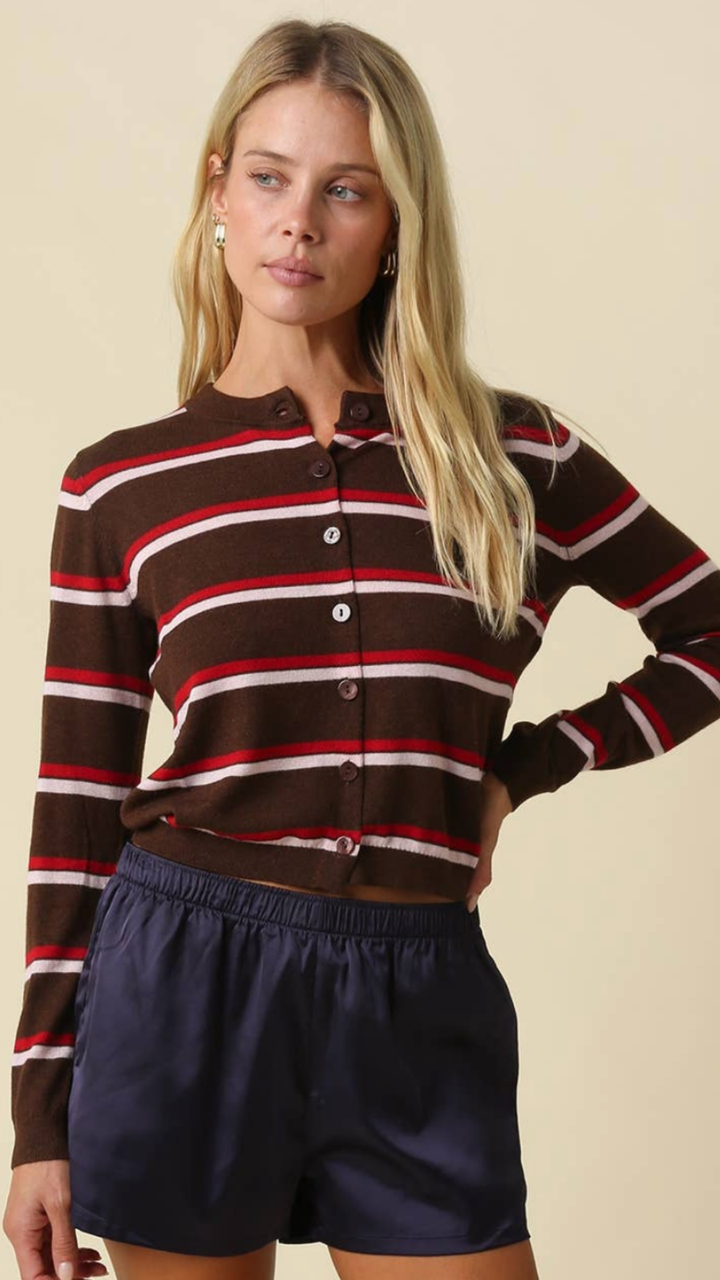 Brown Red And Pink Multi Stripe Button Cardigan