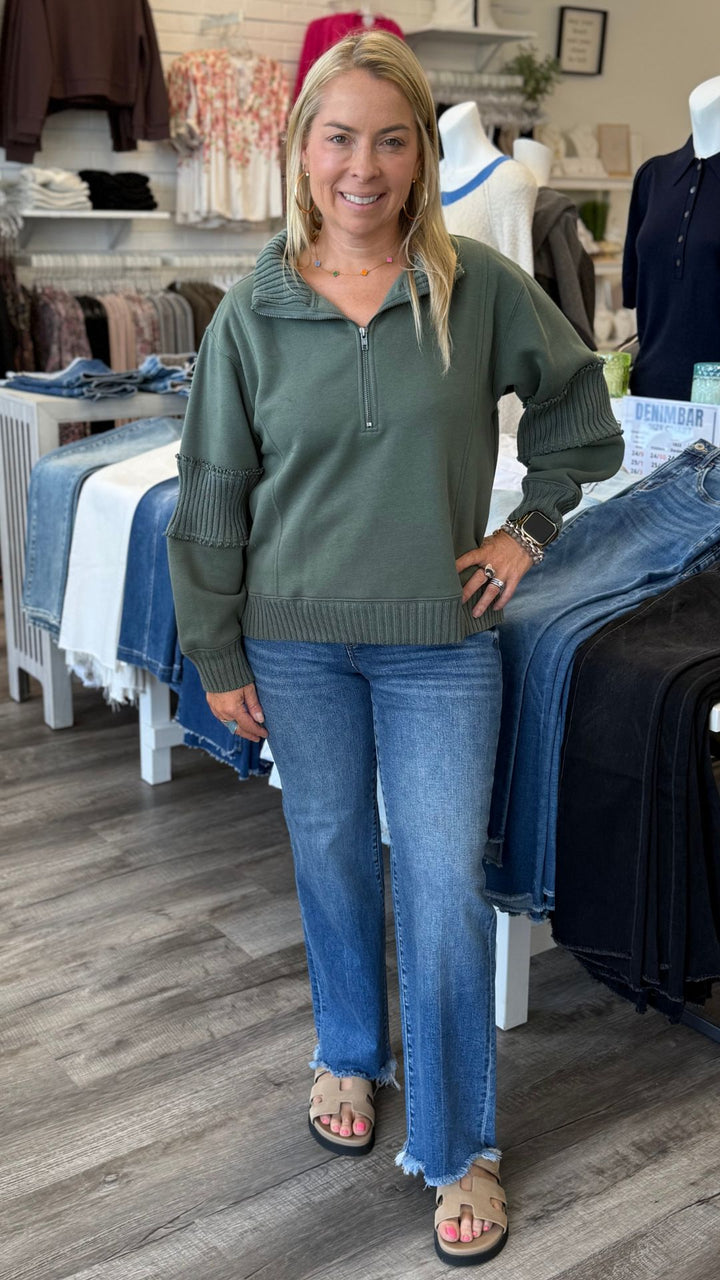 Olive Fleece Quarter Zip With Rib Detail Sweatshirt
