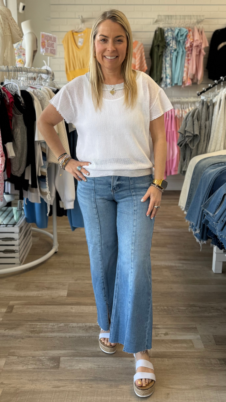 Mid Rise Tummy Control Medium Wash Crop Wide Front Slit Jeans