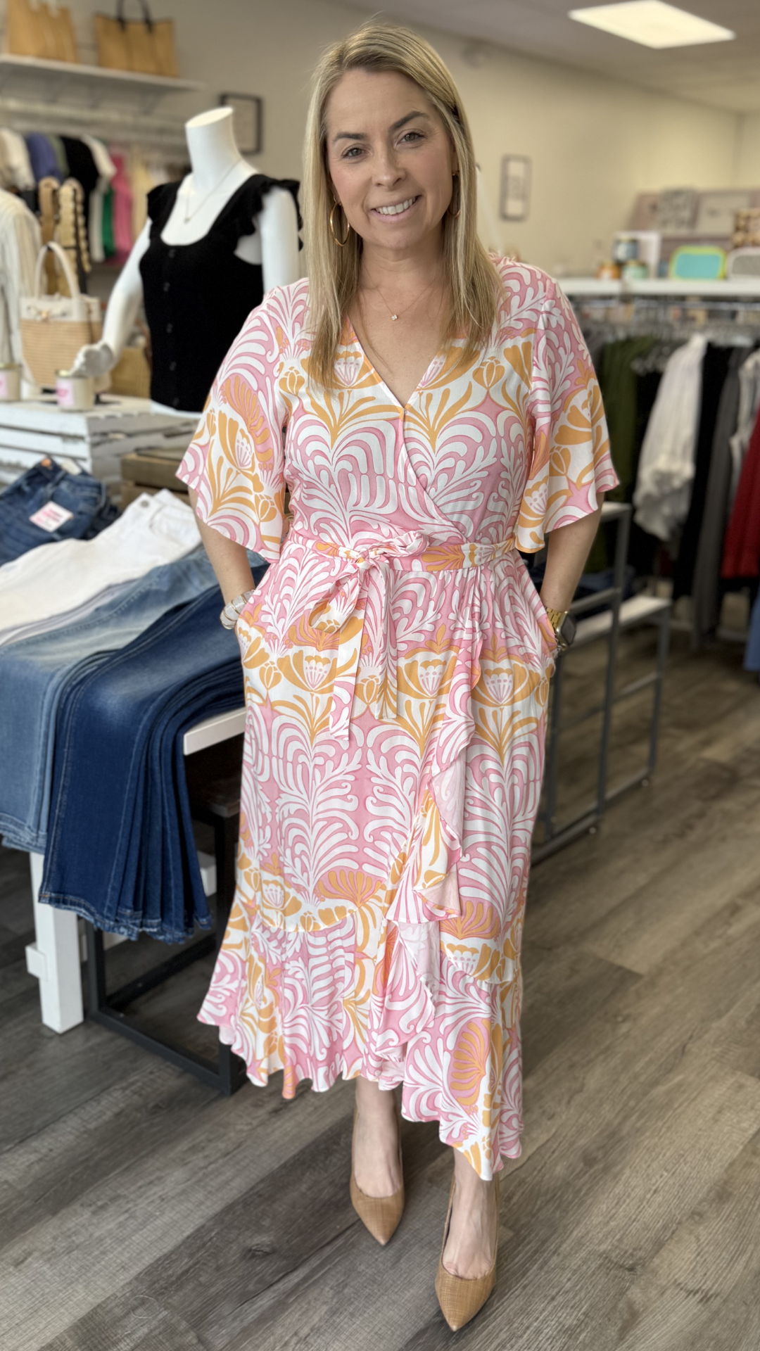 Flutter Elbow Sleeve Wrap Maxi Dress