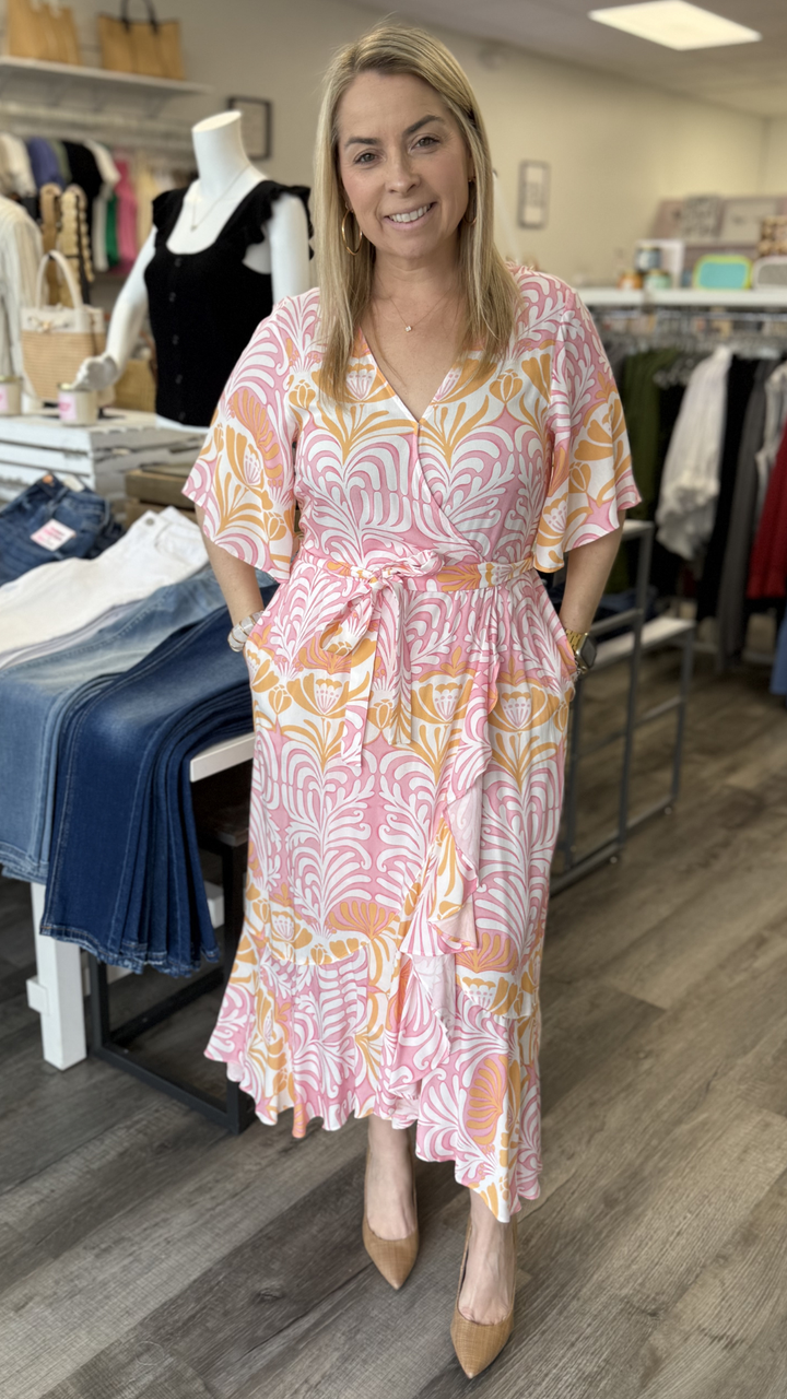 Flutter Elbow Sleeve Wrap Maxi Dress