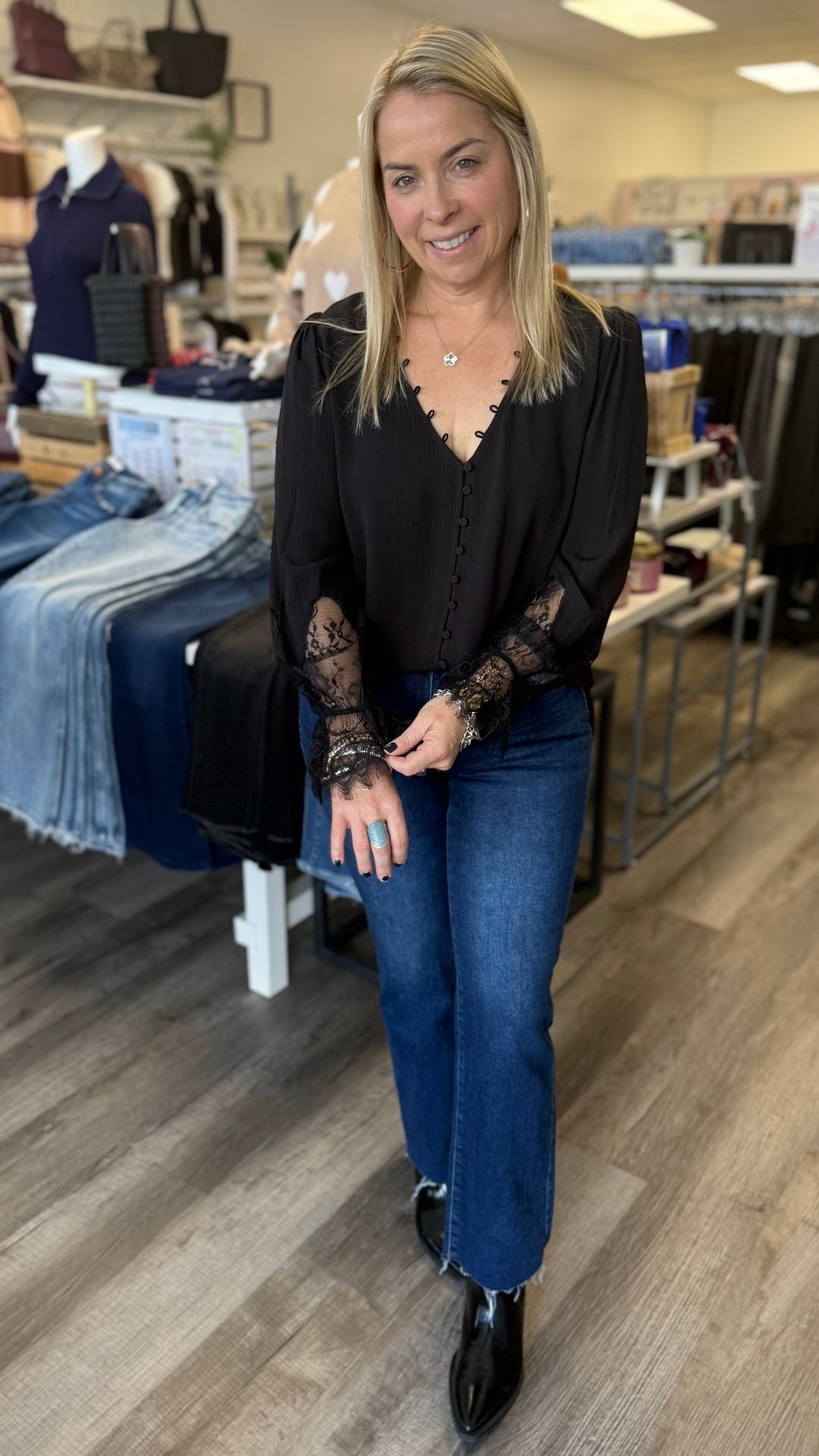 Lace Cuff V Neck Button Blouse