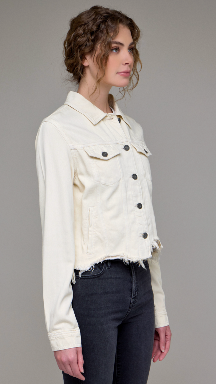 Cream Cropped Frayed Fitted Jacket