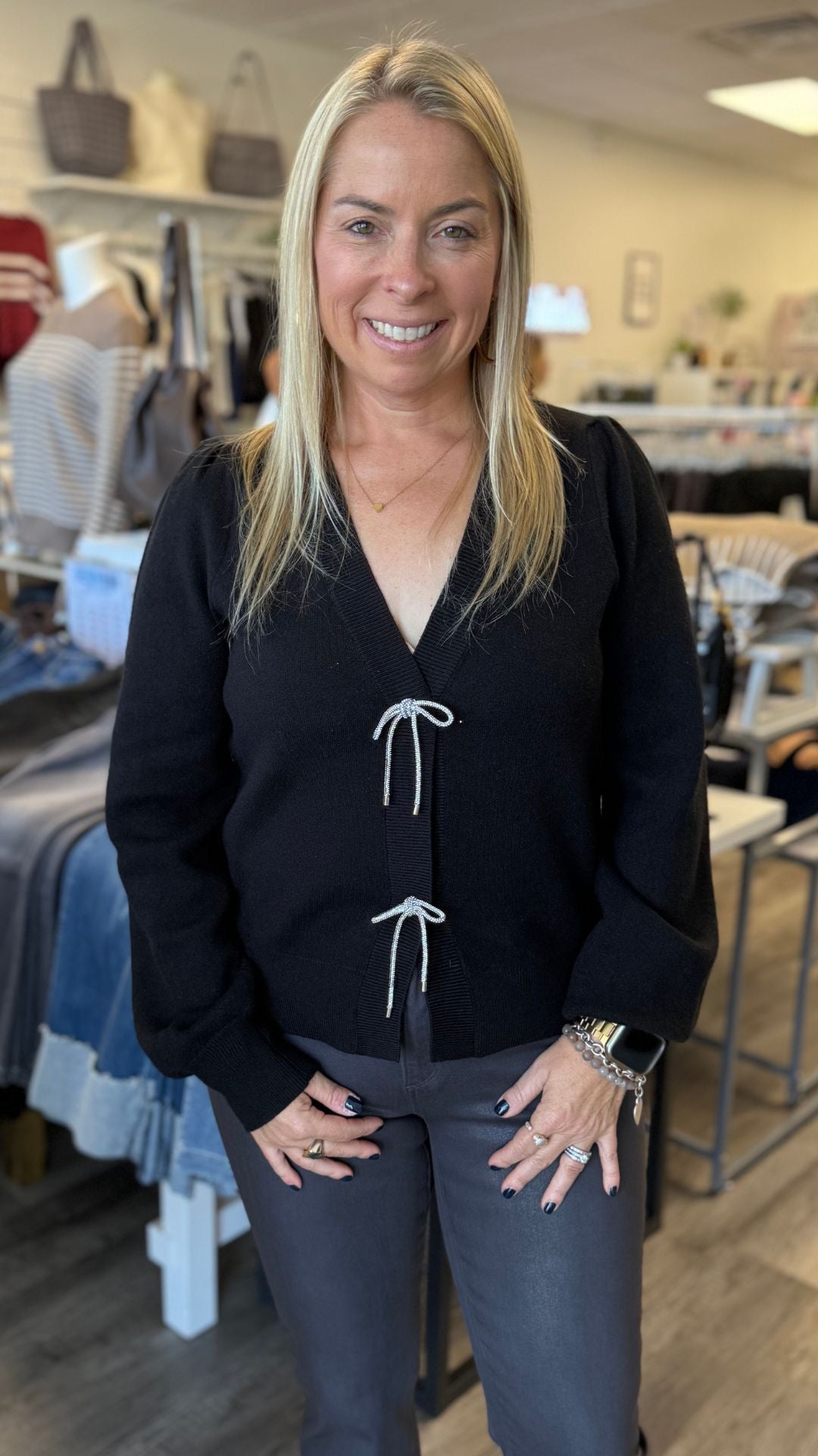 Black Ribbon Trim Puff Sleeve Cardigan
