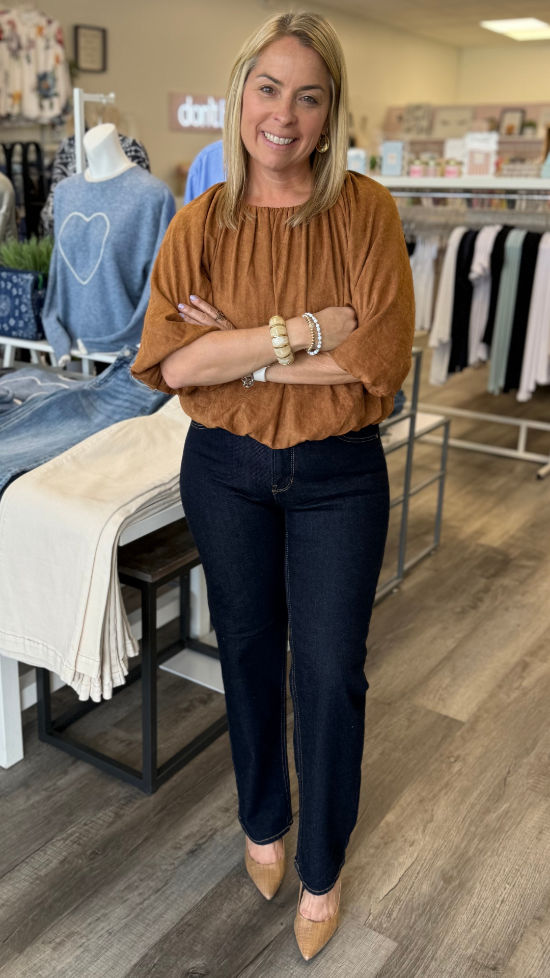 Camel Bubble Hem Suede Top