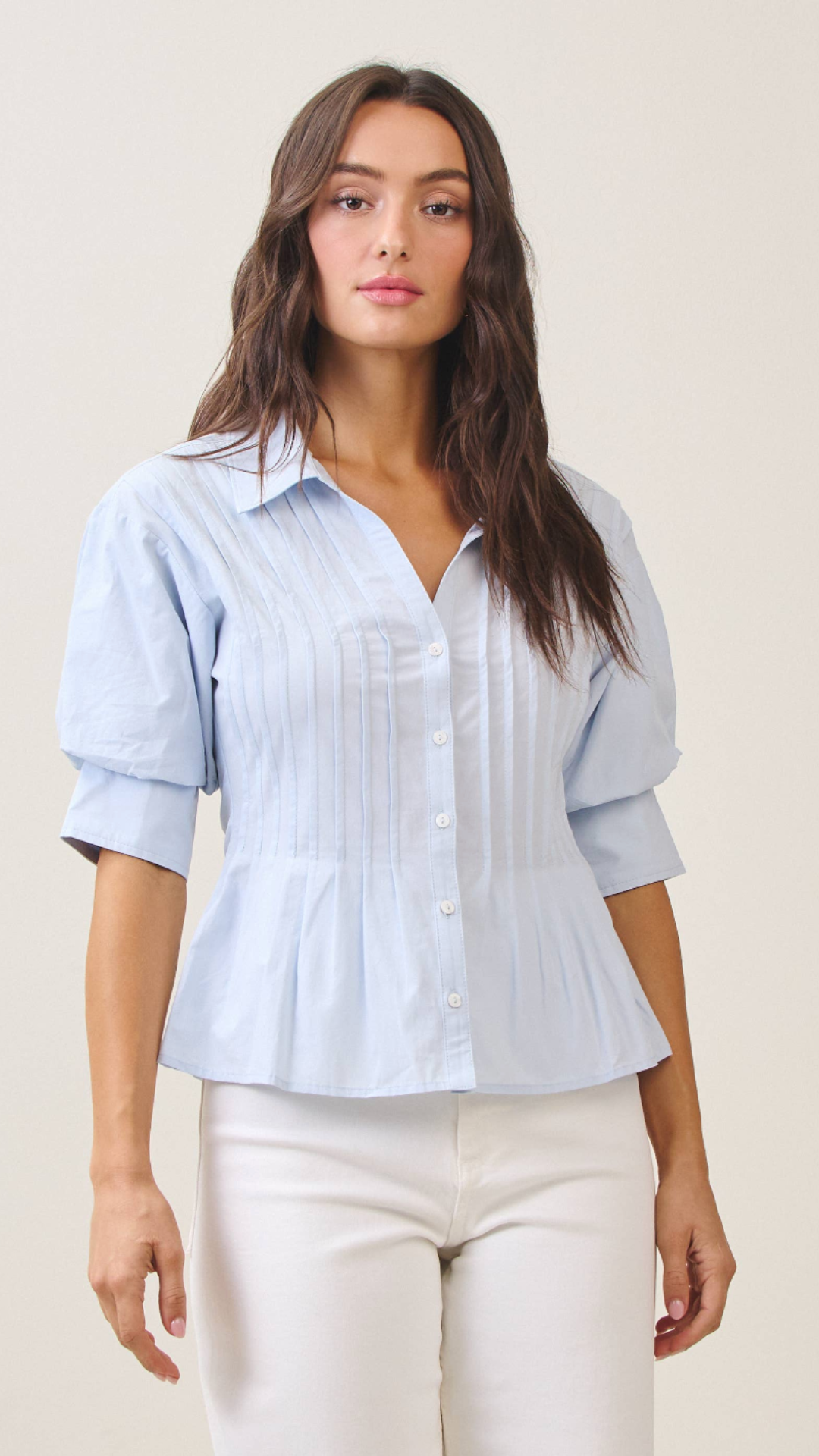 Sky Blue Short Sleeve Pintuck Top