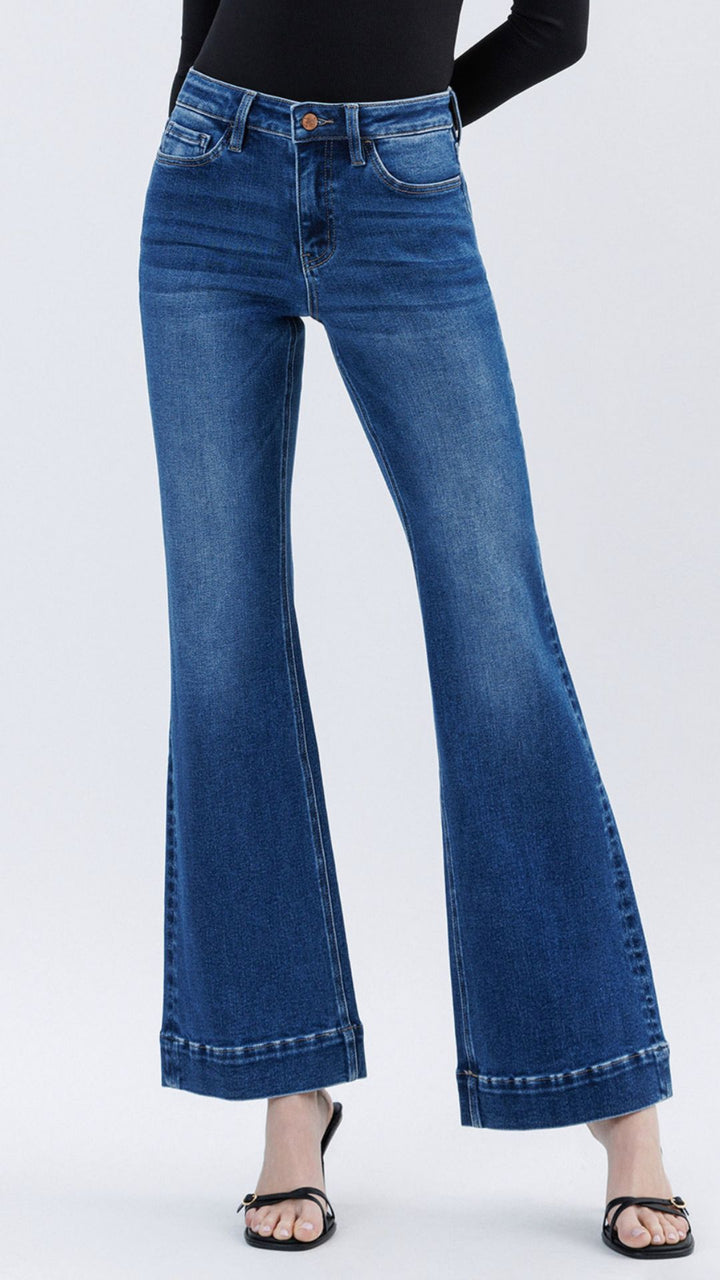 High Rise Dark Wash Trouser Hem Relaxed Flared Full Length Jeans