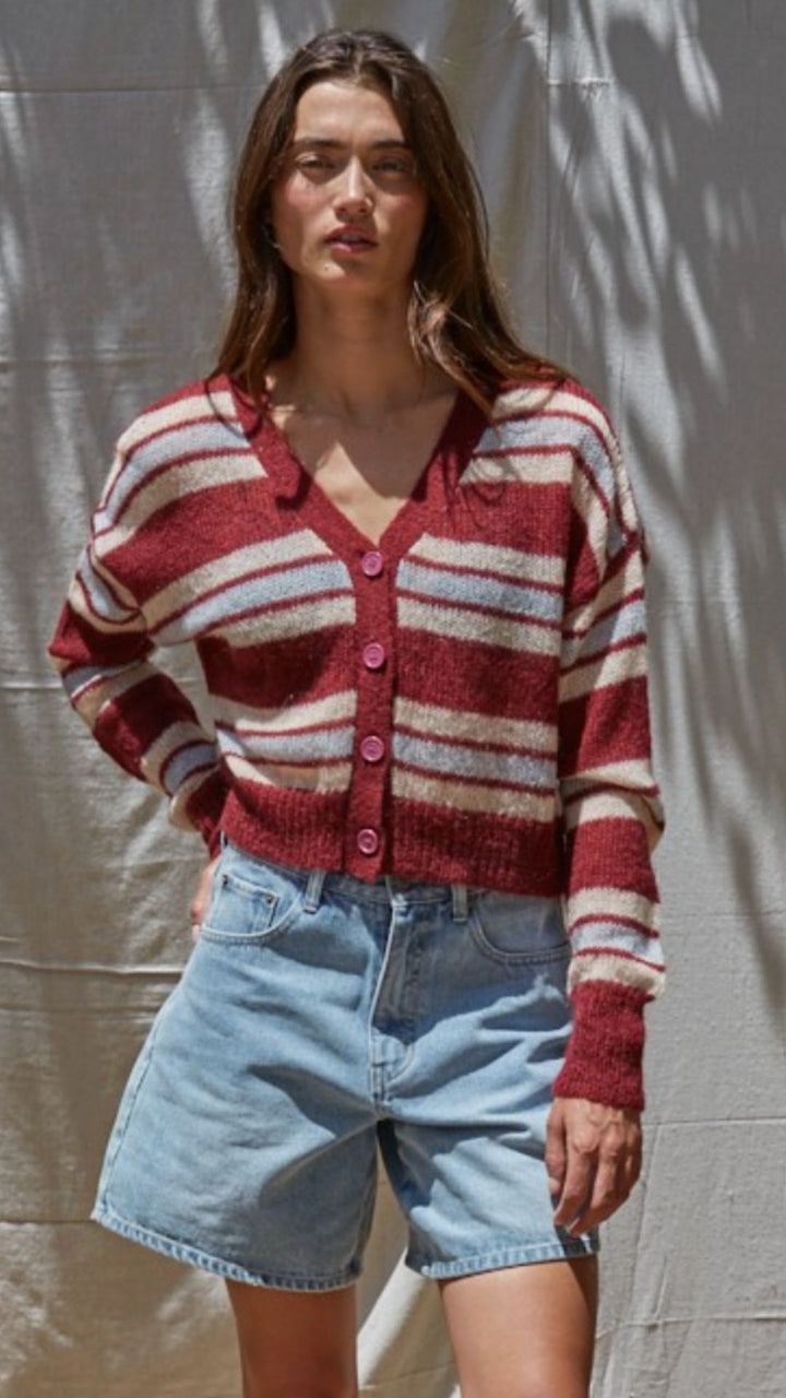 Burgundy Multi Stripe Crop Cardigan Sweater