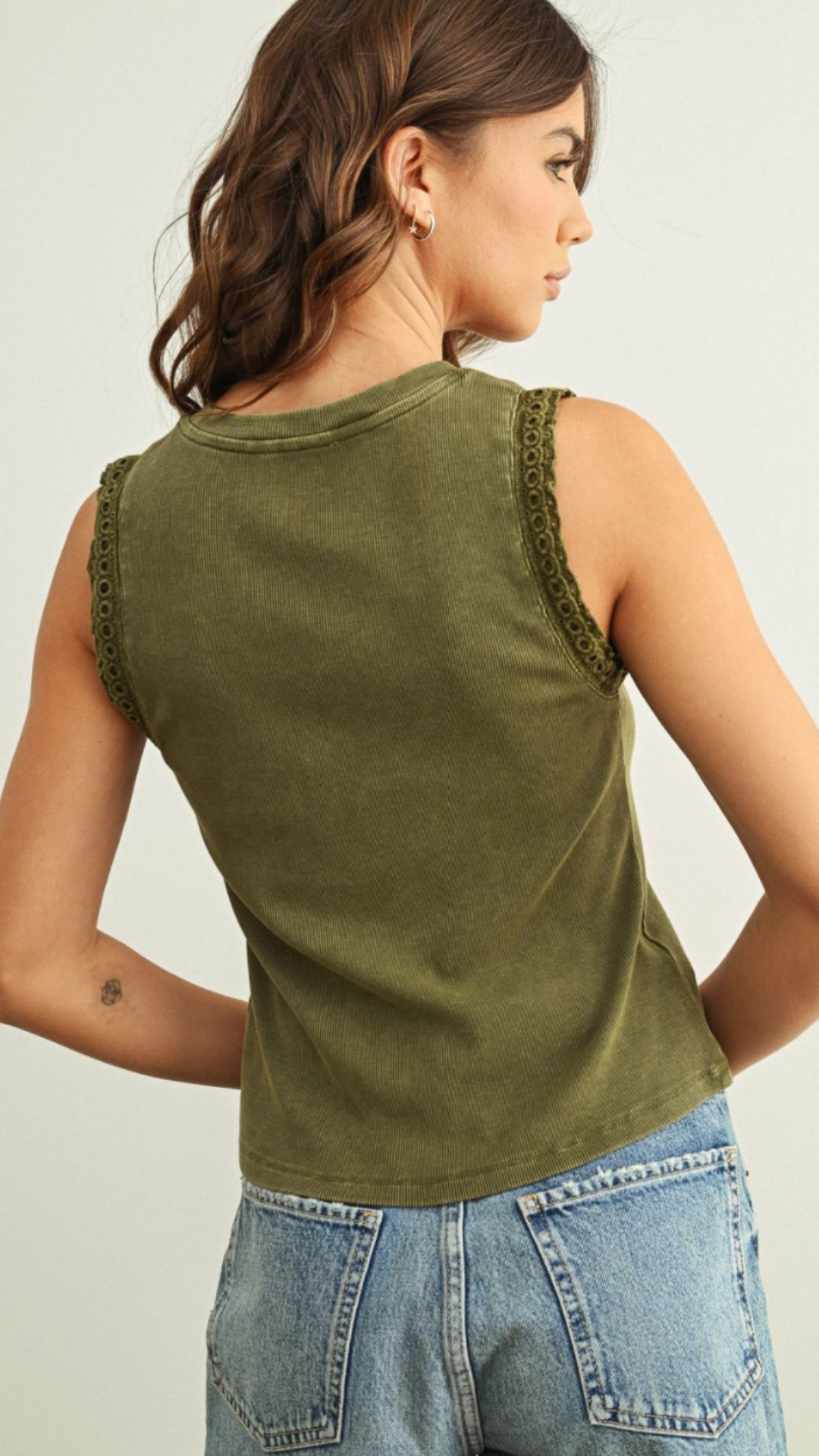 Olive Crochet Ruffle Trim Ribbed Tank