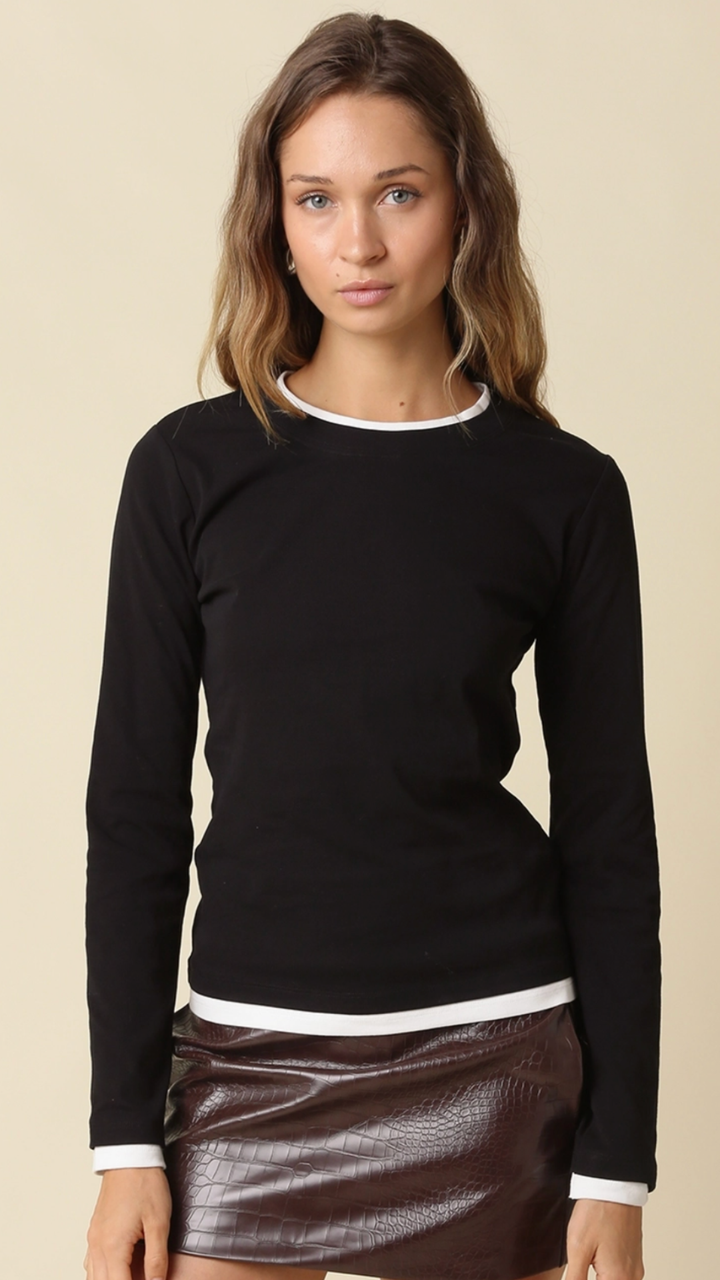 Black And White Contrast Trim Long Sleeve Top