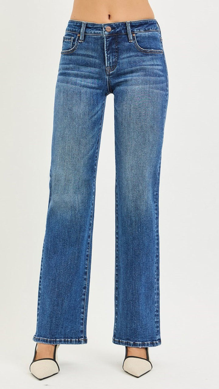 Low Rise Medium Wash Tummy Control Full Length Bootcut Jeans