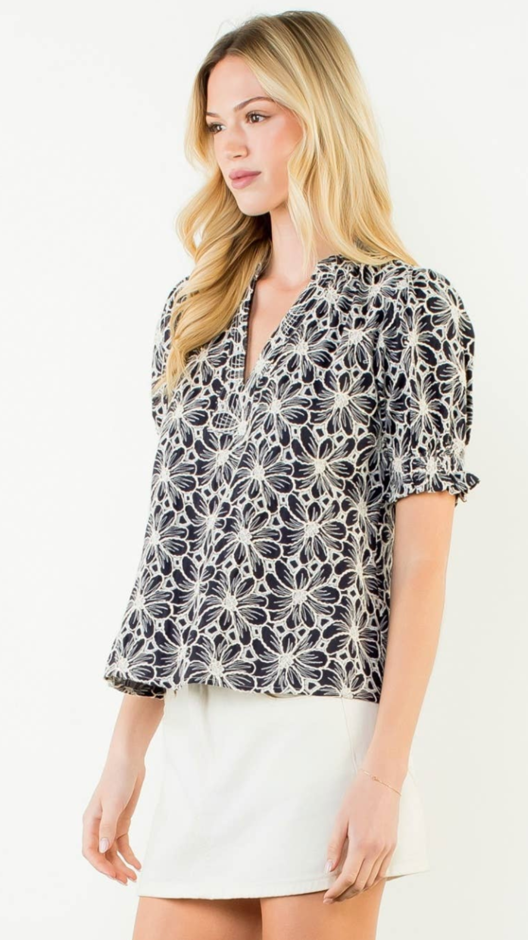 Navy Short Sleeve Sequined Embroidery Detail Top