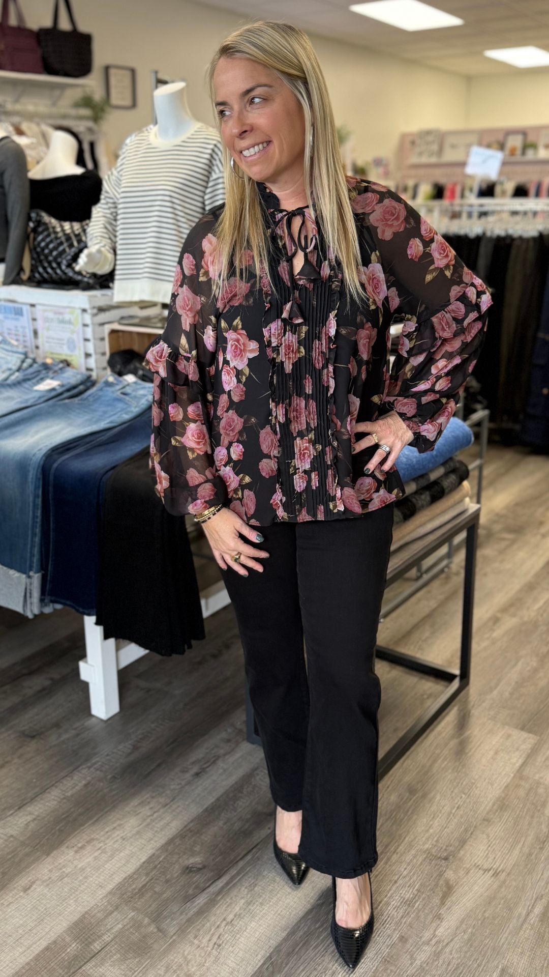 Rose Pleated Sheer Ruffled Blouse