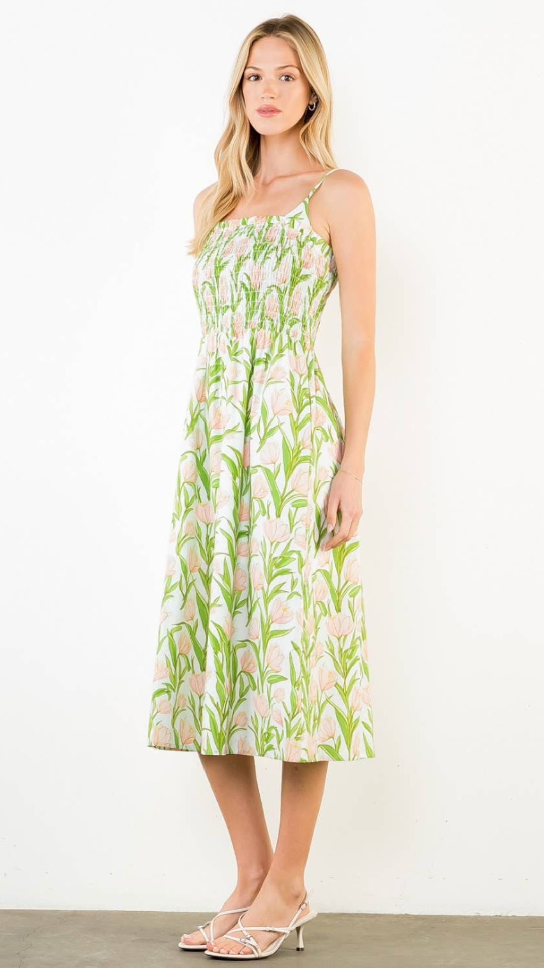 Thin Strap Floral Pattern Midi Dress