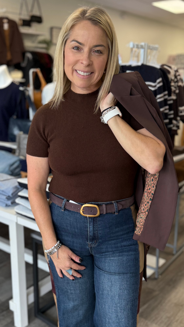 Chocolate Brown Short Sleeve Soft Knit Sweater Top