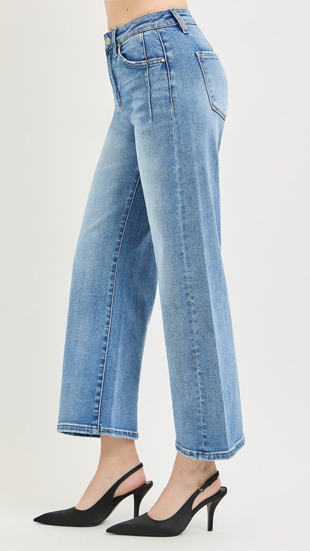 High Rise Light Medium Wash Slouchy Crop Wide Leg Jeans